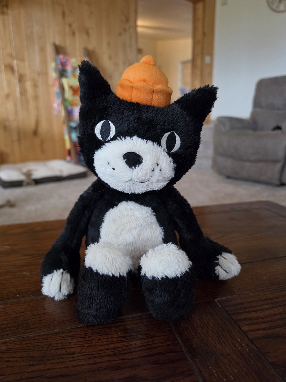 Jellycat Black & White Plush Cat with Orange Hat